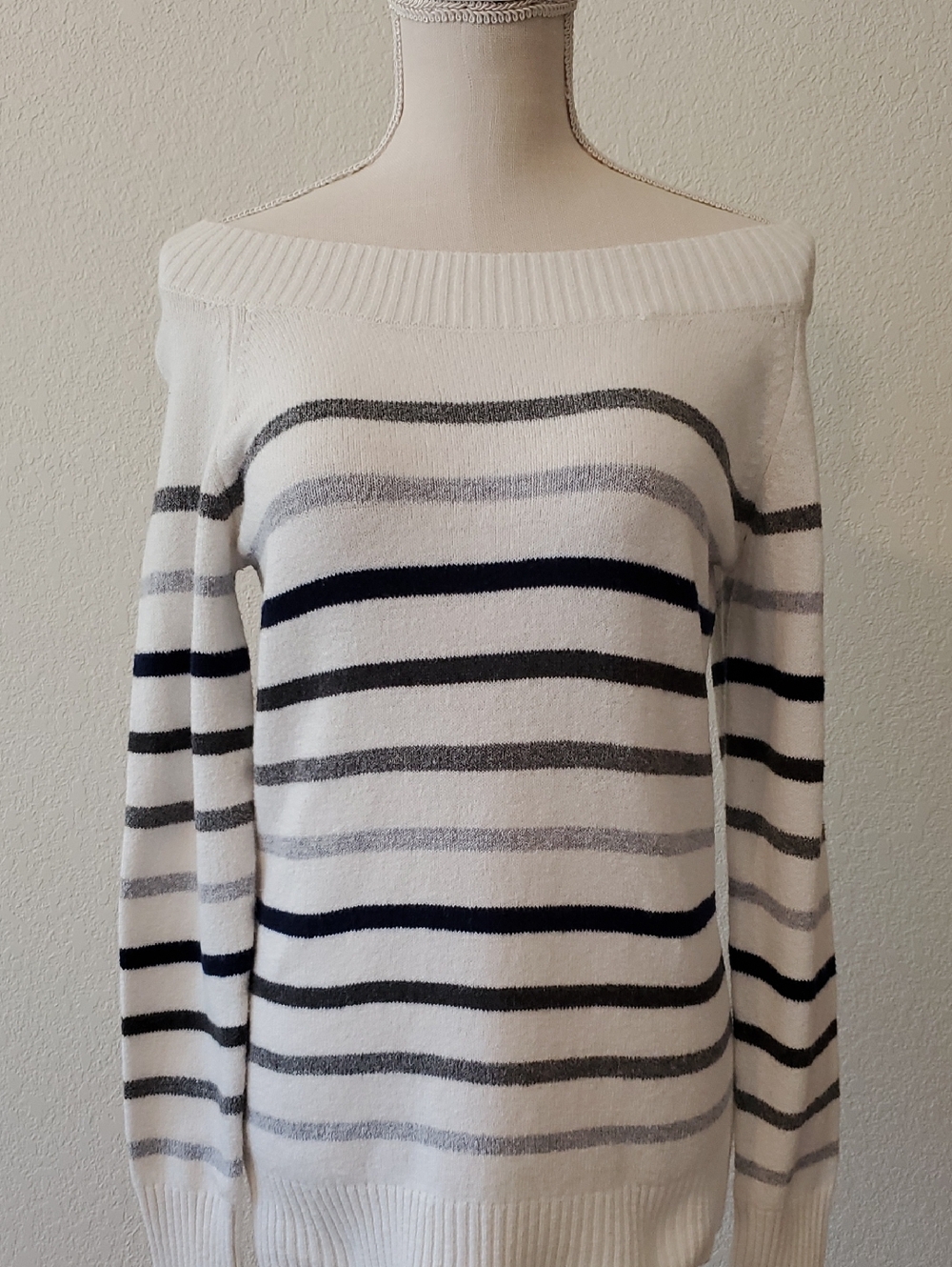 St. John's Bay Off-the-Shoulder White Sweater with Gray and Black Stripes
